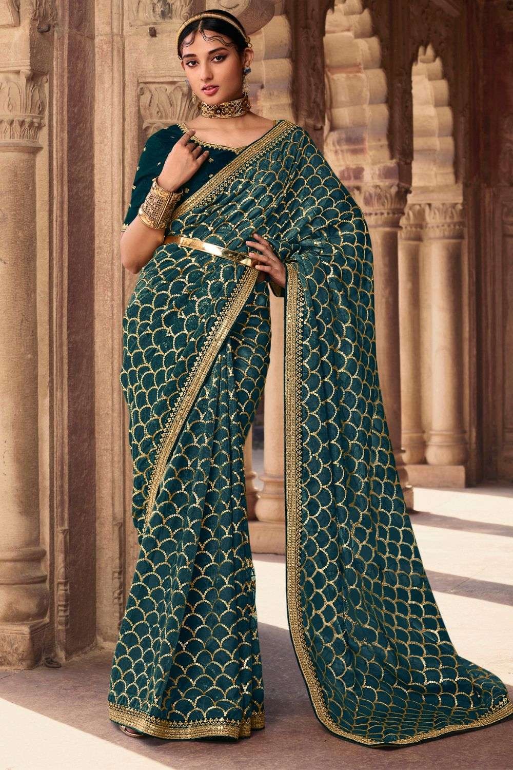 HOUSE OF BEGUM Womens Dark Green Banarasi Organza Saree With Blouse Pi –  F2FMART.com