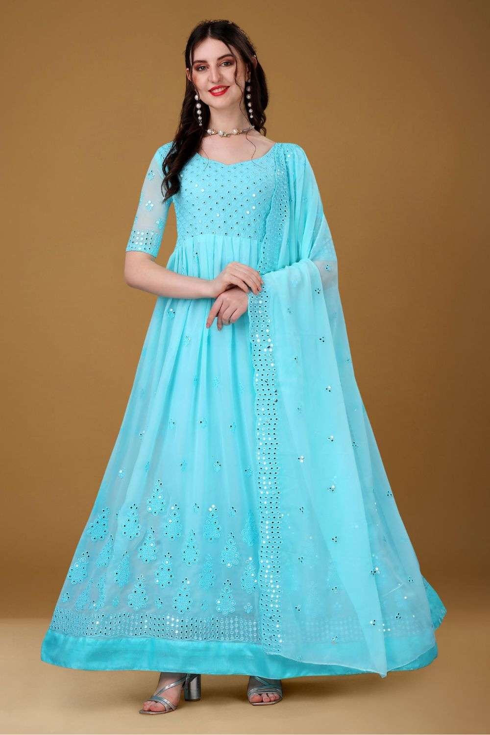 Beautiful Work Blue Color Function Wear Gown - Clothsvilla