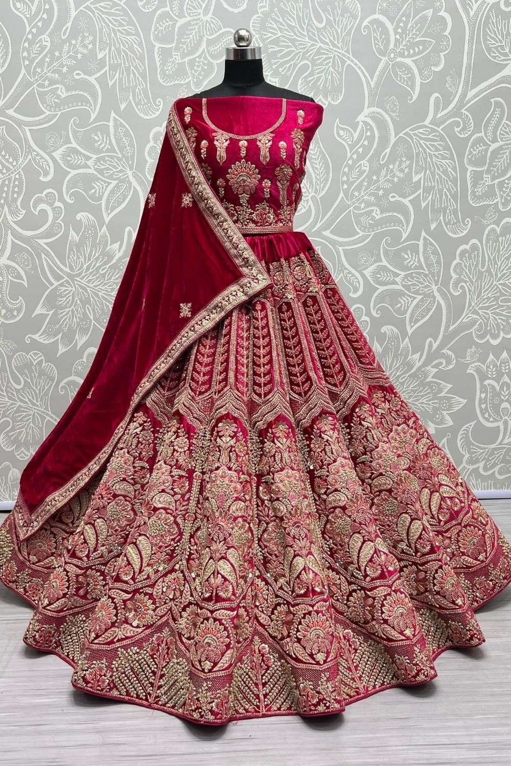 Velvet Hand Work Bridal Lehenga Choli In Pink Colour - LD4900594