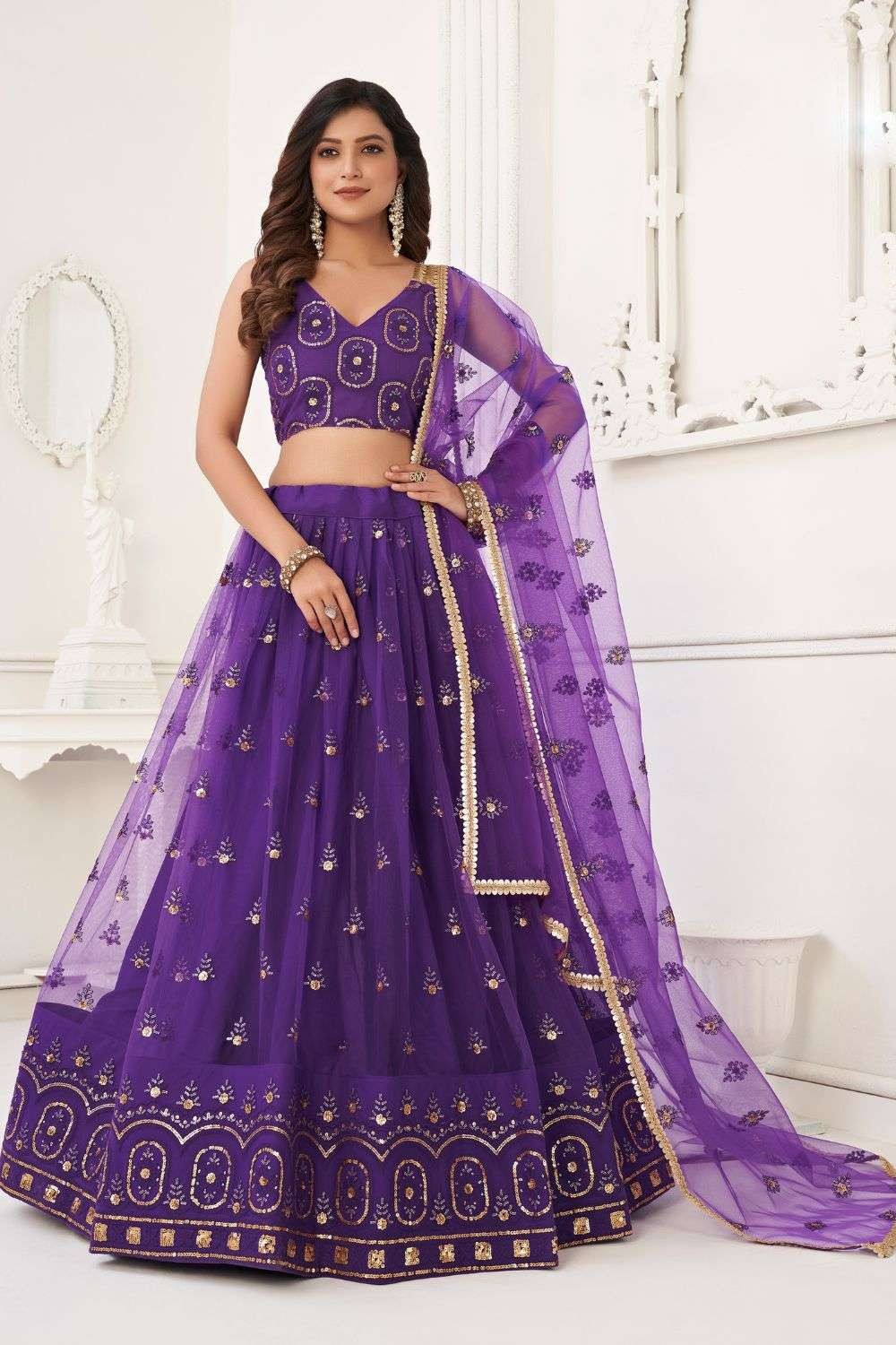 Buy Dark Purple Sequins Embroidered Raw Silk Bridal Lehenga Online | Samyakk