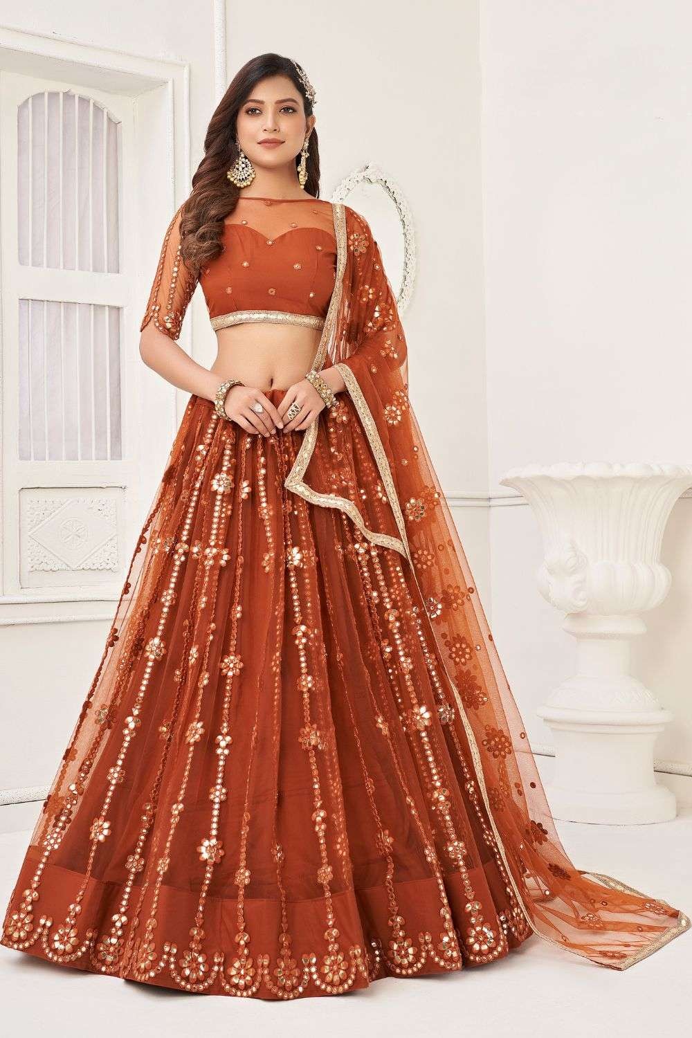 Dark Pink and Peach Color Sequins Embroidered Banaras Silk Bridal Lehenga,  कढ़ाई वाला दुल्हन का लेहंगा - Mohi Fashion, Visakhapatnam | ID:  2852770491333