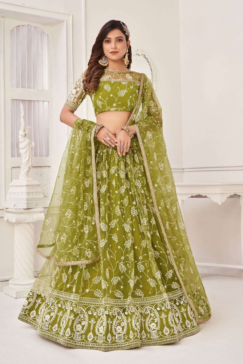 Mehndi Color Printed With Foil Work Dola Silk Lehenga