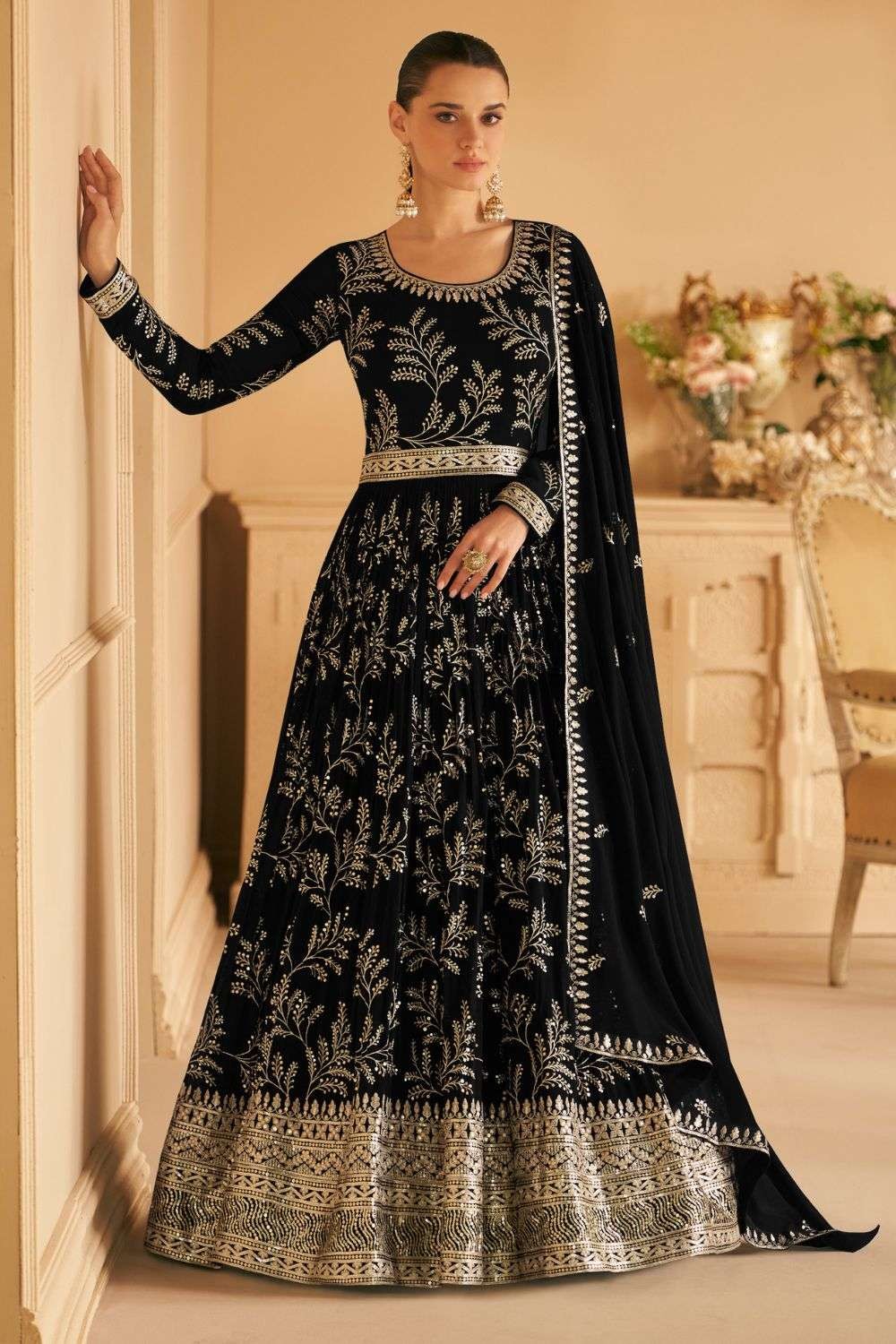 Black Anarkali Dress Readymade Dupatta Set Gown Salwar Suit Stitched NF3426  | eBay
