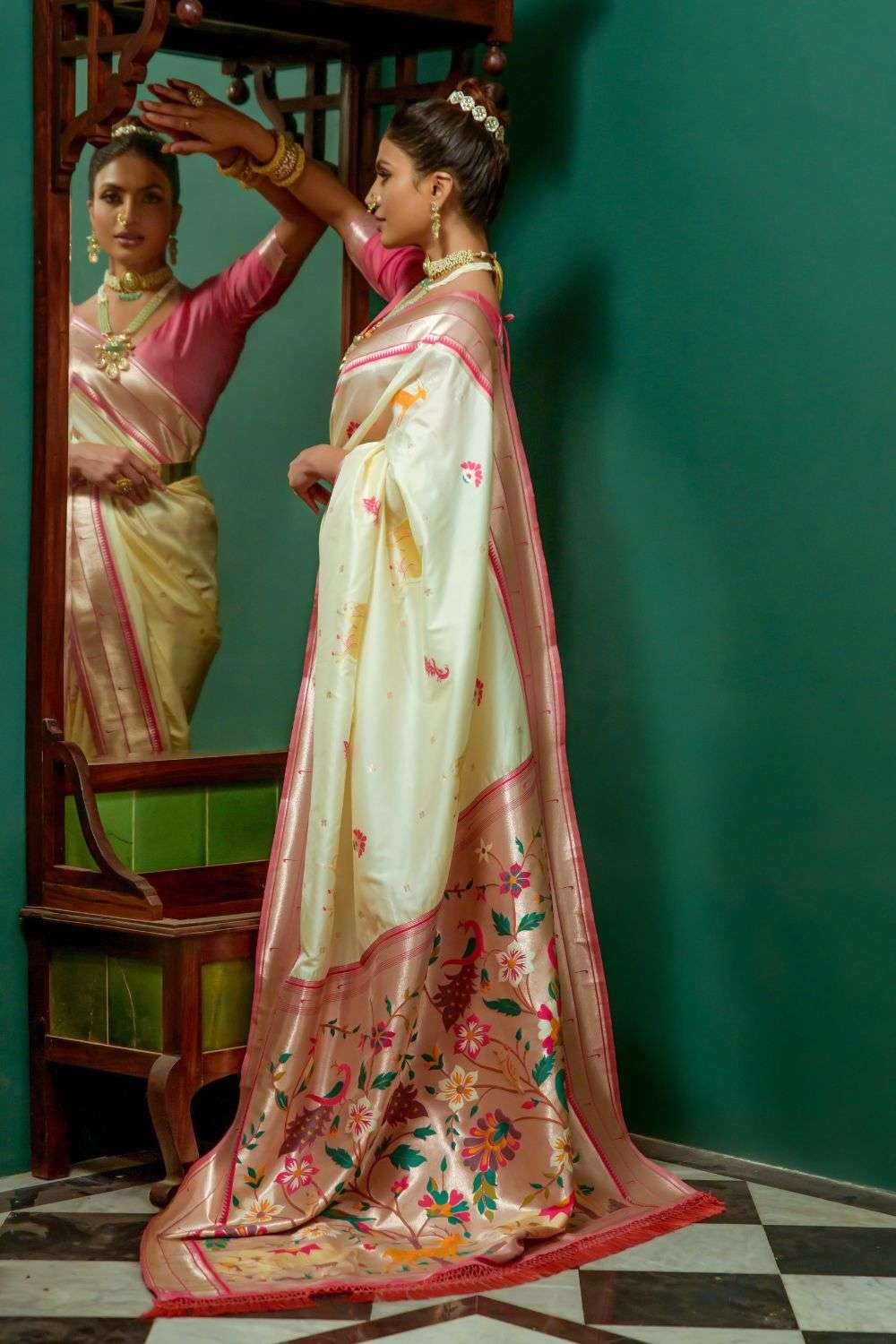 Cream and yellow shaded wedding sarees online - New India Fashion