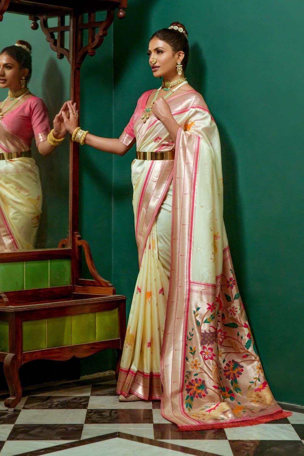 Buy the amazing Beige Cream south silk saree online on Karagiri | SALE