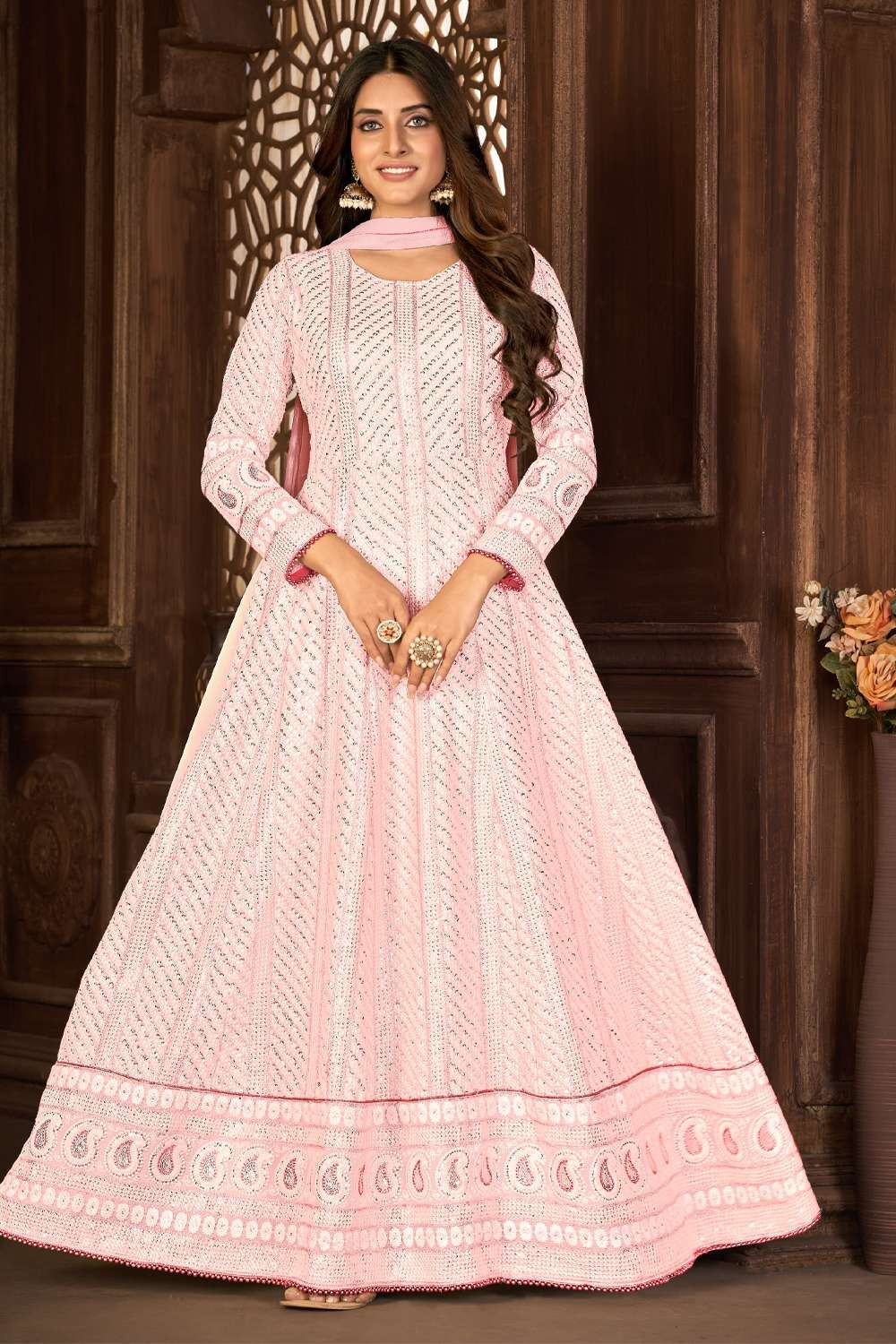 Heavy And Eye Catching Designer Embroidery Work Pink Colour Anarkali Suits  For Trendy Girls - KSM PRINTS - 4064208