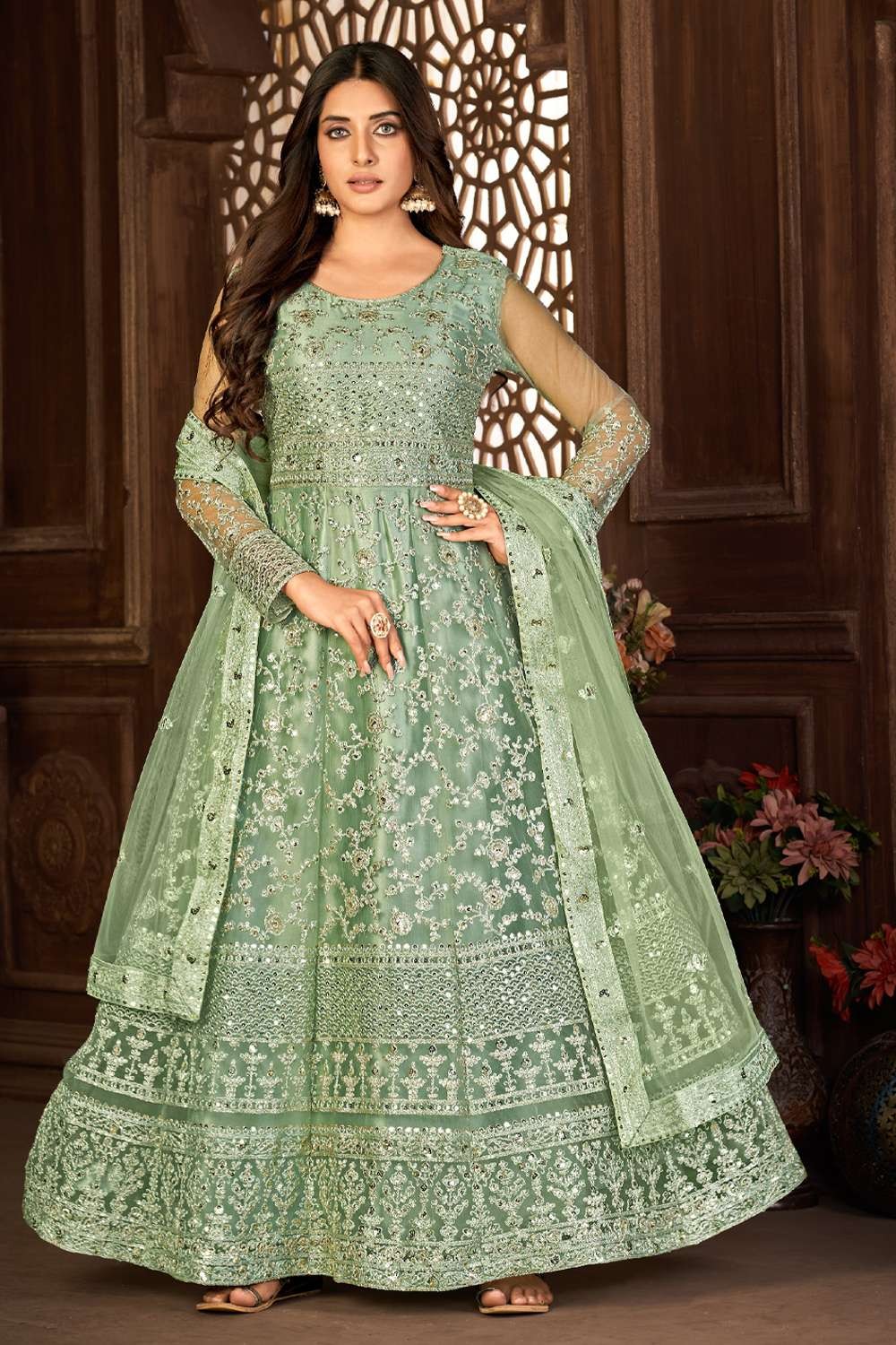 Light Turquoise Green Embroidered Art Silk Anarkali Suit – Maharani