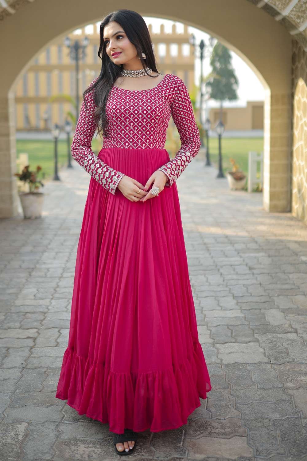 Women Designer Flared Gown With Dupatta Pant Indian Partywear Dress  Stitched | eBay