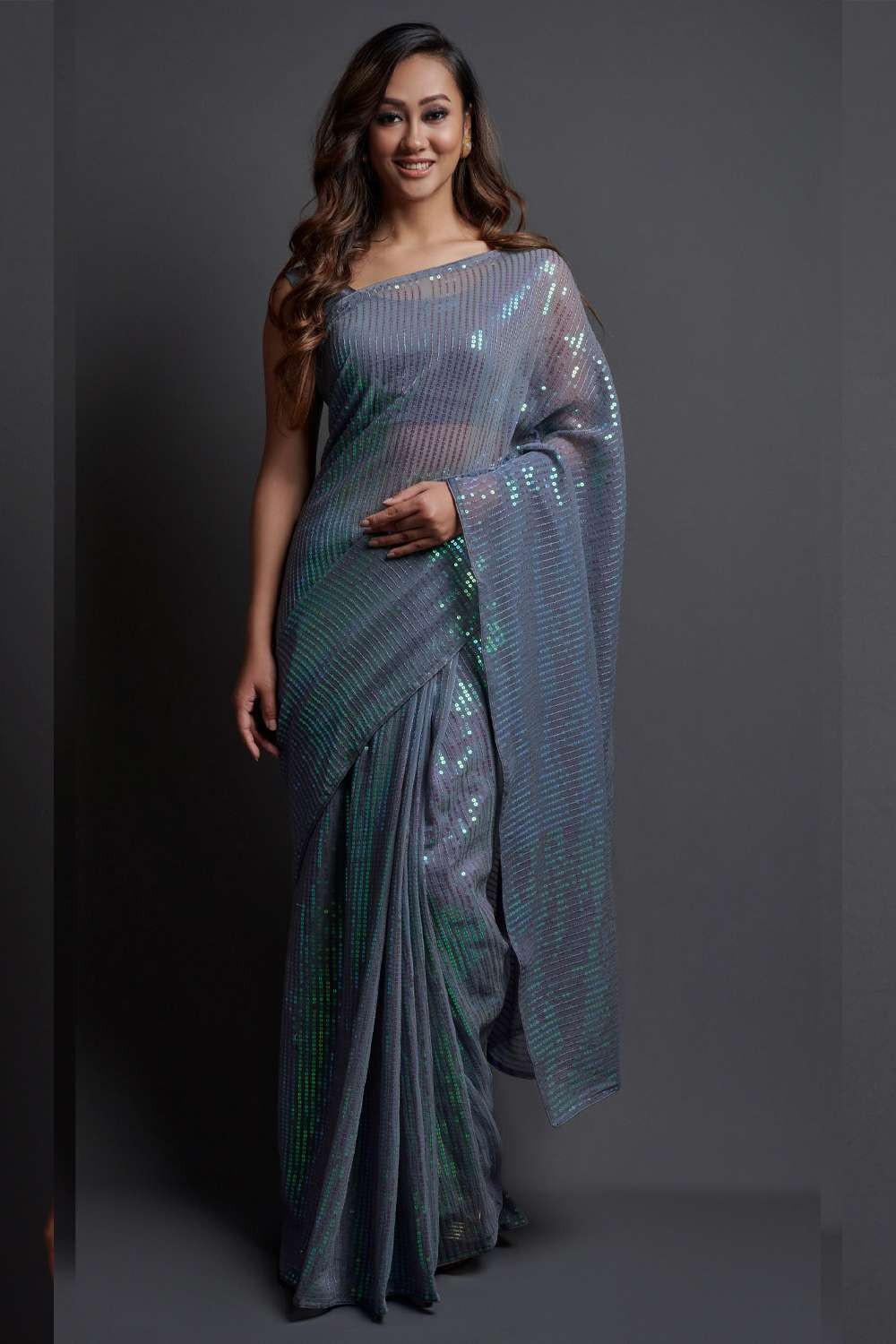 Georgette Embroidered Grey Party Wear Saree with Blouse - SR24015