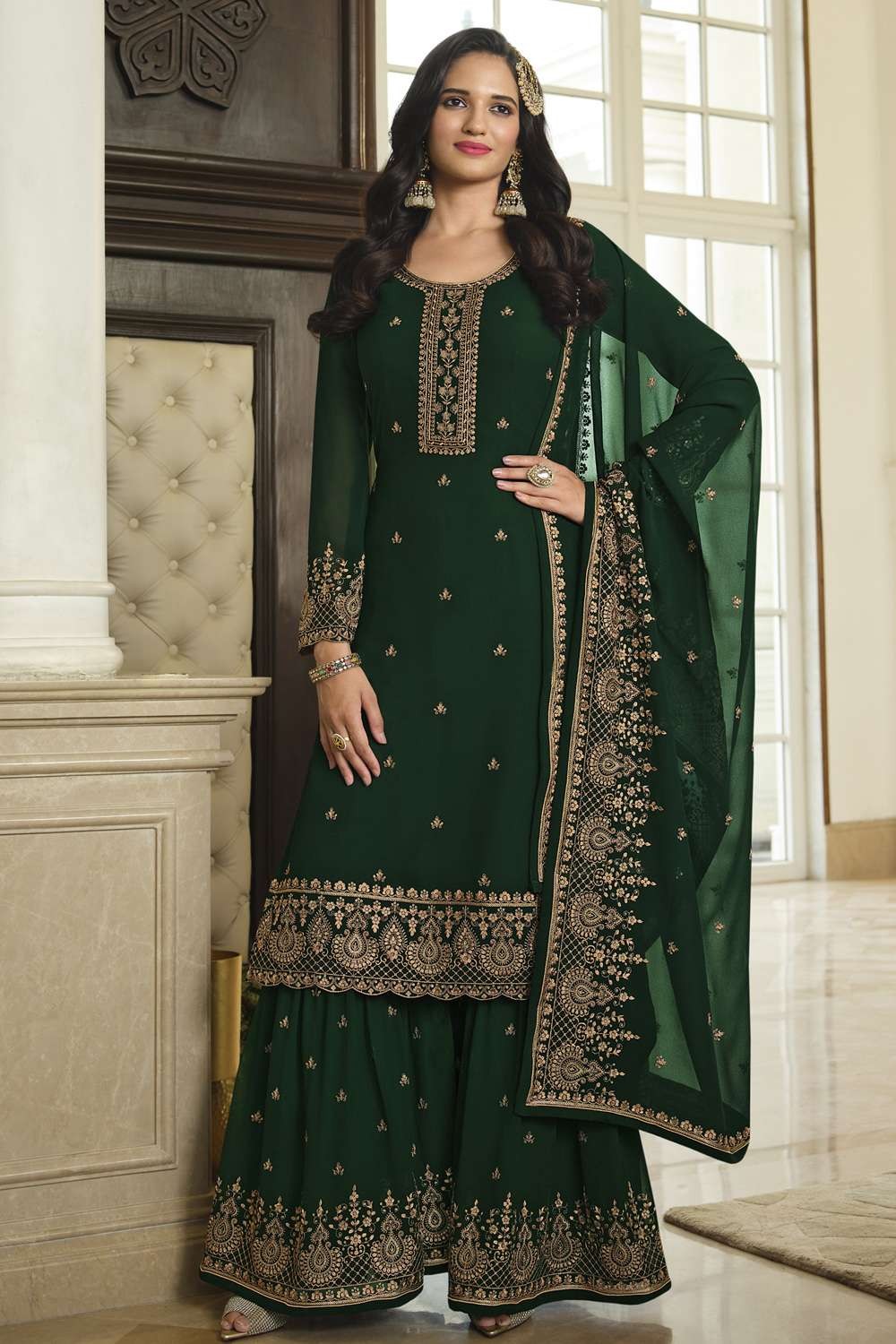 Rani Silk Embroidered Sharara Suit – Meena Bazaar