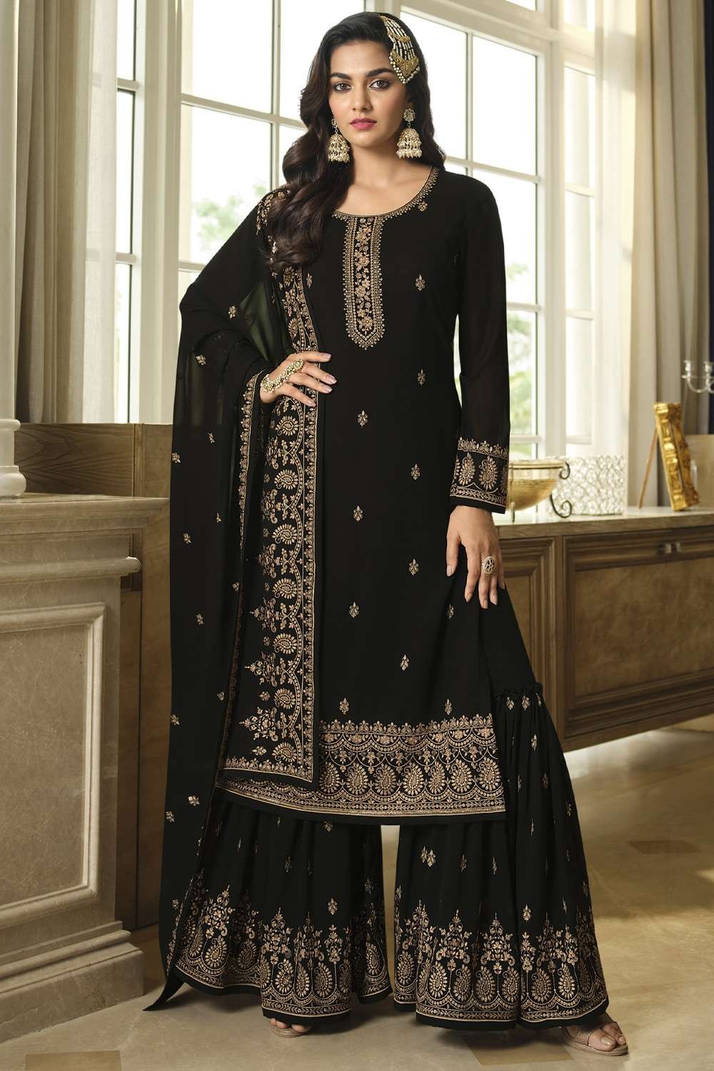 Black Embroidered Velvet Sharara Suit – Lashkaraa