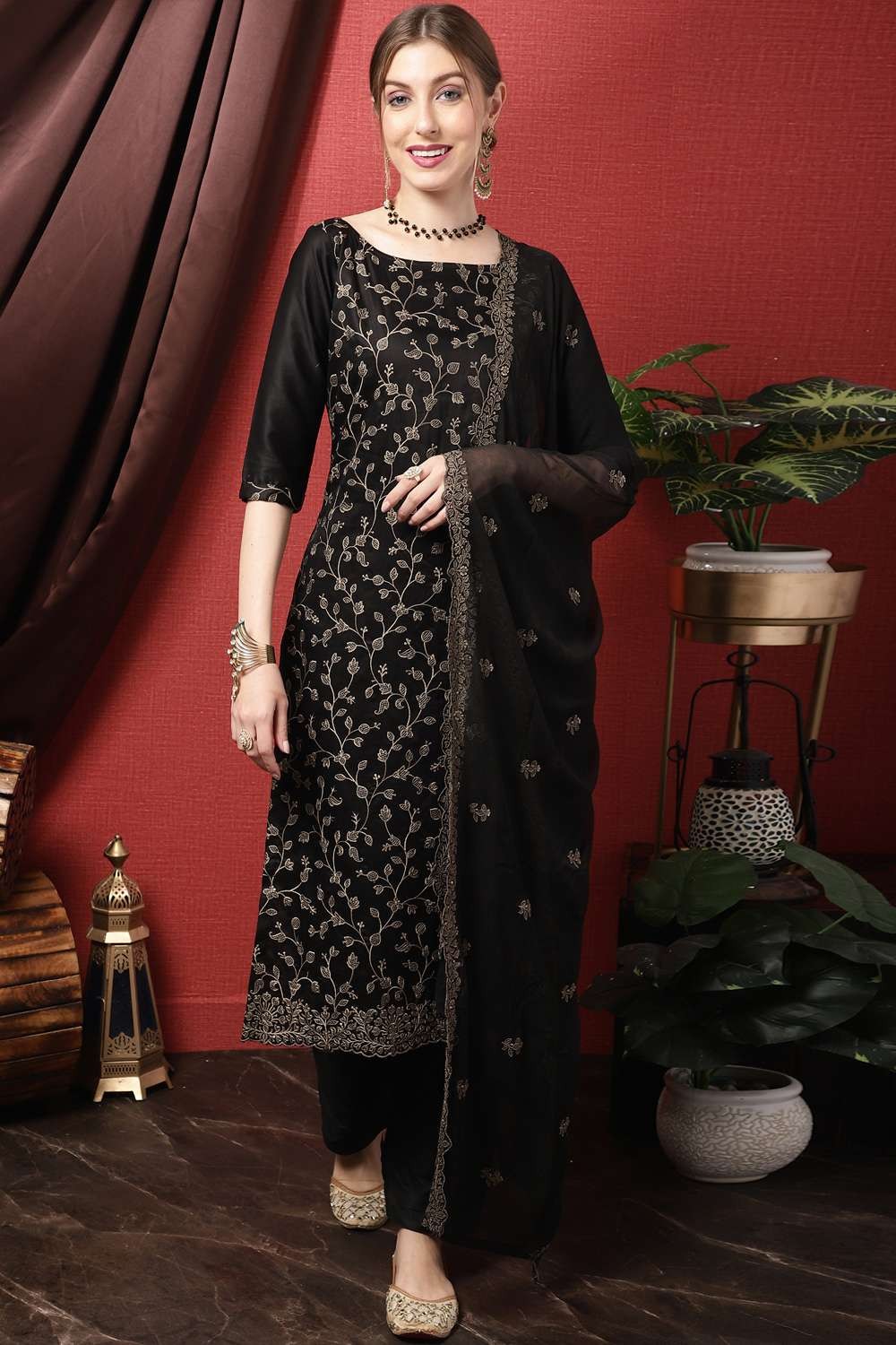 Buy Amazing Black Colour Georgette With Embroidery Work Designer Plazo Suit  | Lehenga-Saree