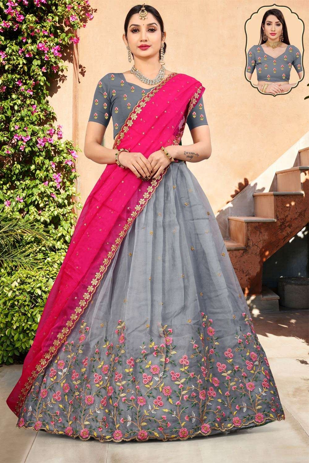 Lehenga in Light Gray and Pink- Indian Clothing in Denver, CO and Aurora,  CO- India Fashion X