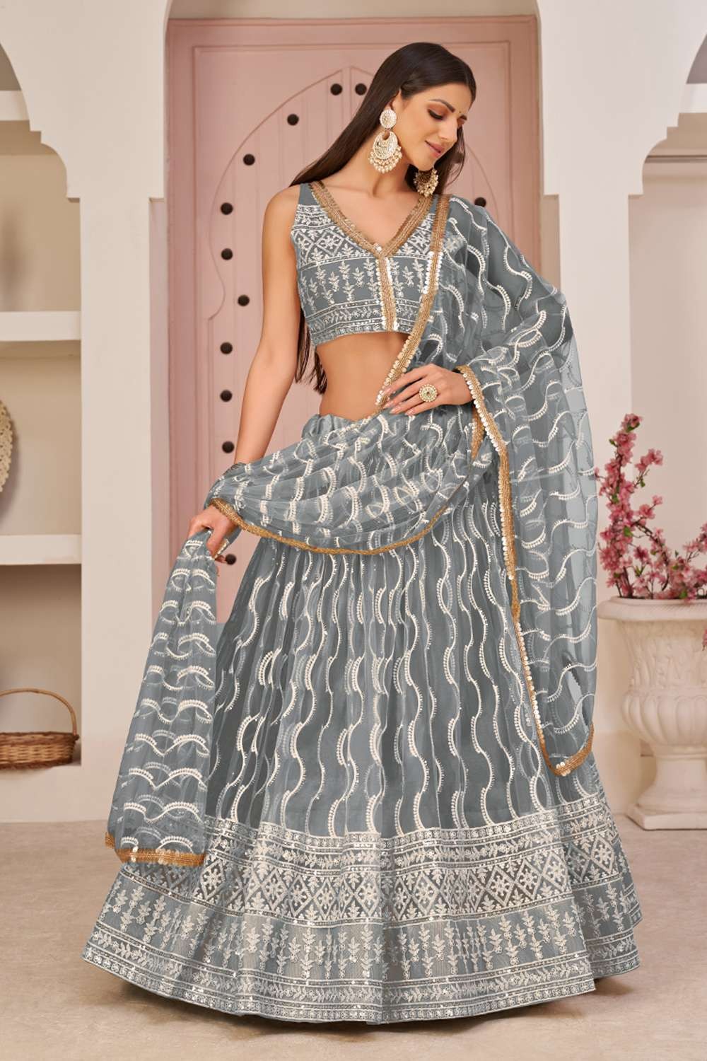 Anchor Grey Soft Net Designer Lehenga Choli with overall Sequins and T –  Ethnos
