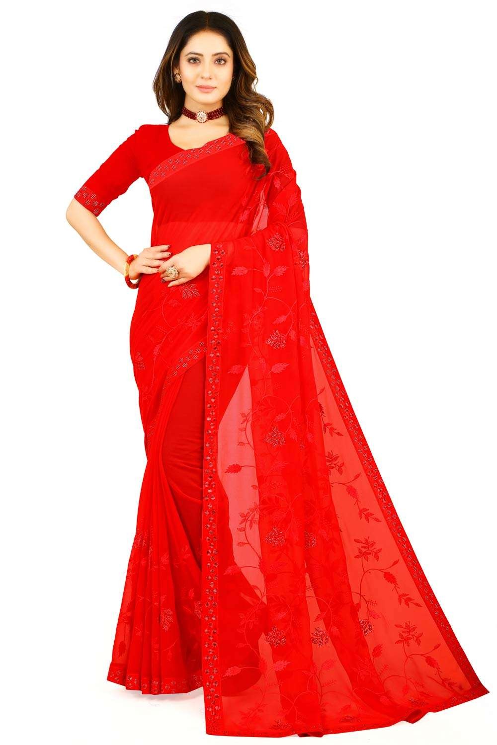 Buy Red Faux Georgette Embroidered Saree Party Wear Online at Best Price |  Cbazaar