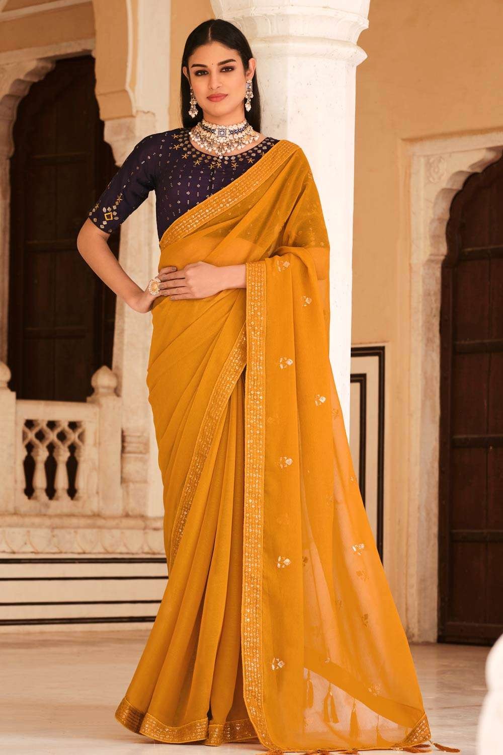 Buy Yellow Color Chiffon Fabric Thread Embroidery Zari Border Saree Work  Wear Online at Best Price | Cbazaar