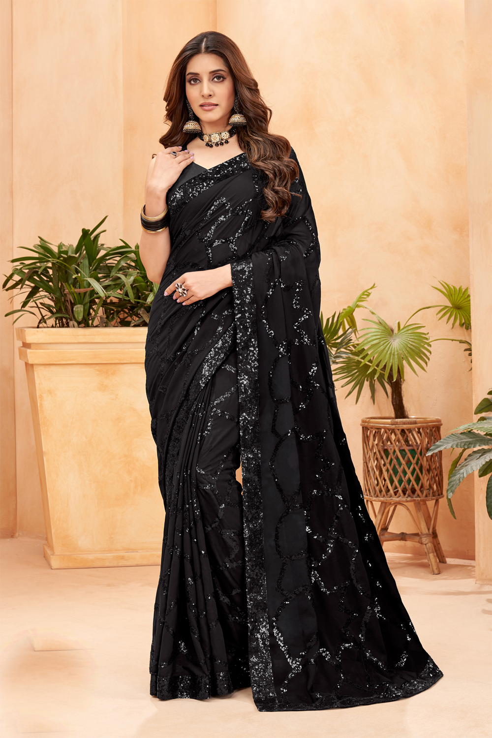 Black Colour Designer Saree on Exclusive Georgette Fabric With Two Colour  Sequnce Work Saree , Wedding Wear Saree , Party Wear Saree - Etsy Finland