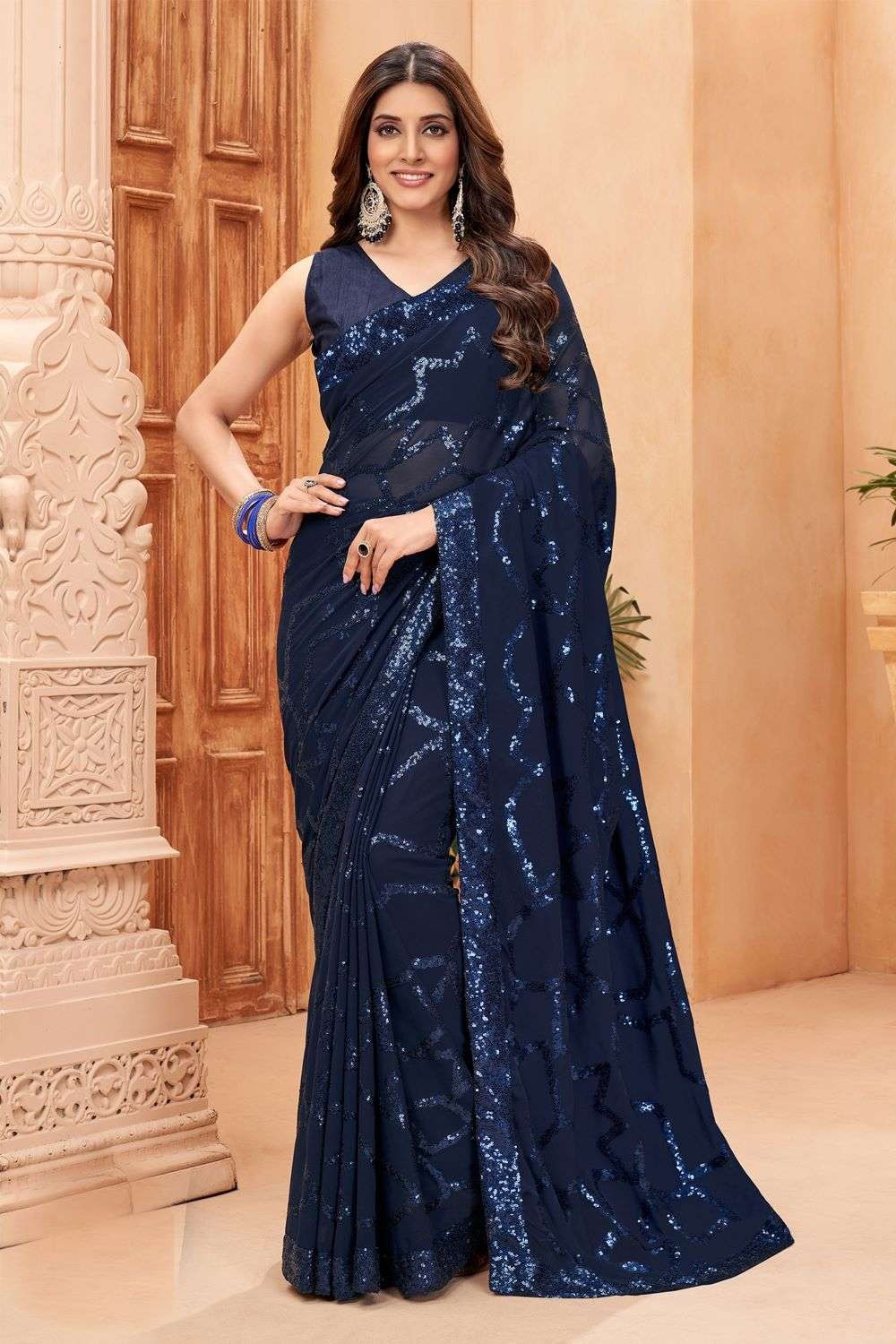 Navy Blue Color Georgette Embroidered Saree