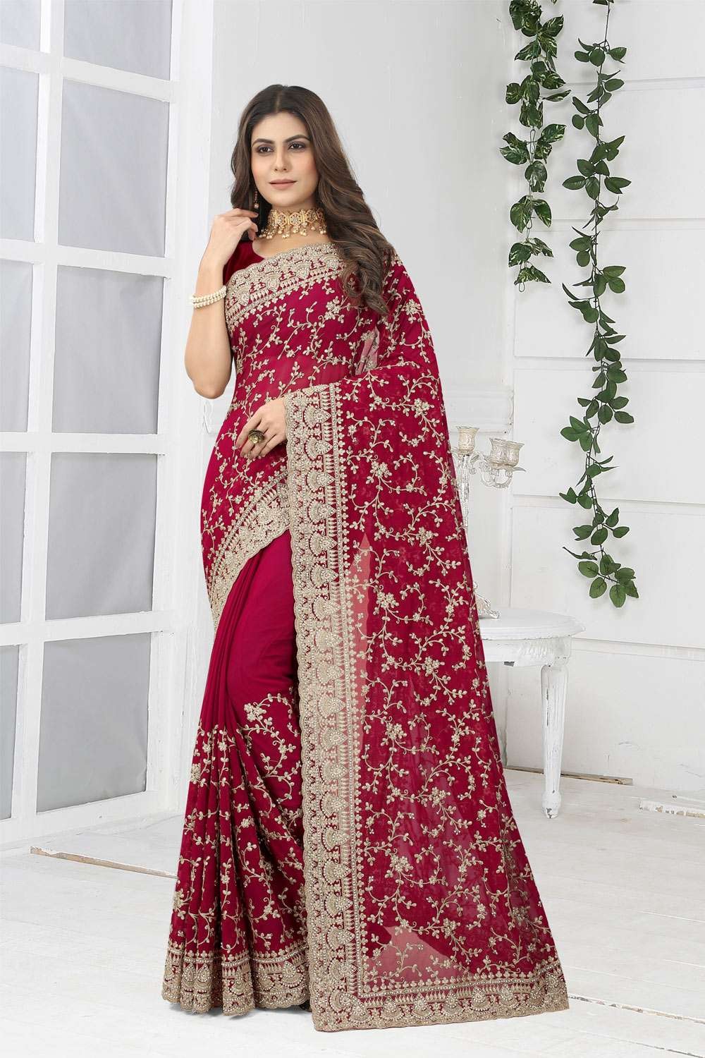 Party Wear Georgette Sequence Work Saree For Women's - Red - Queen Suits