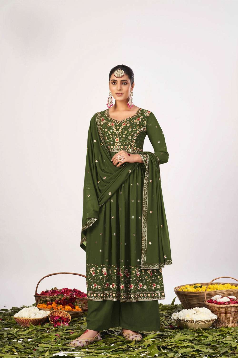 Olive Green Traditional Embroidered Georgette Sharara Suit