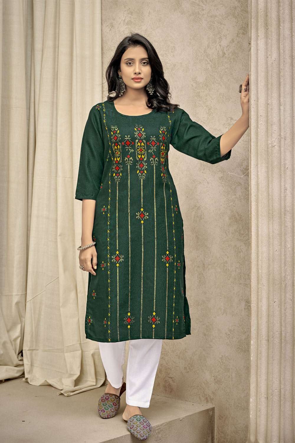 Buy Printed Design Off White Cotton Semi Stitch Kurti & Dupatta