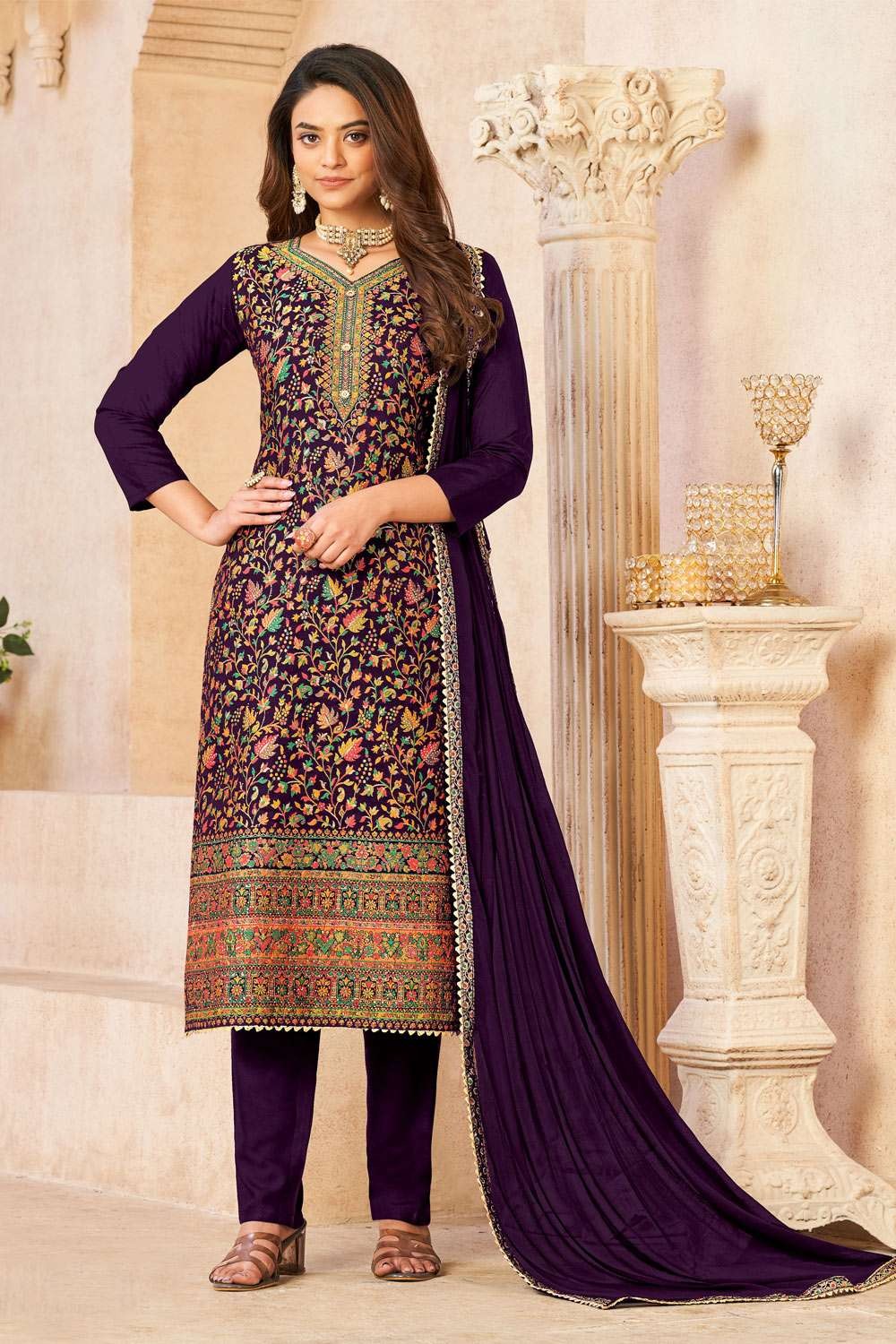 Lovely Embroidered Work Georgette Fabric Lavender Color Casual Wear St