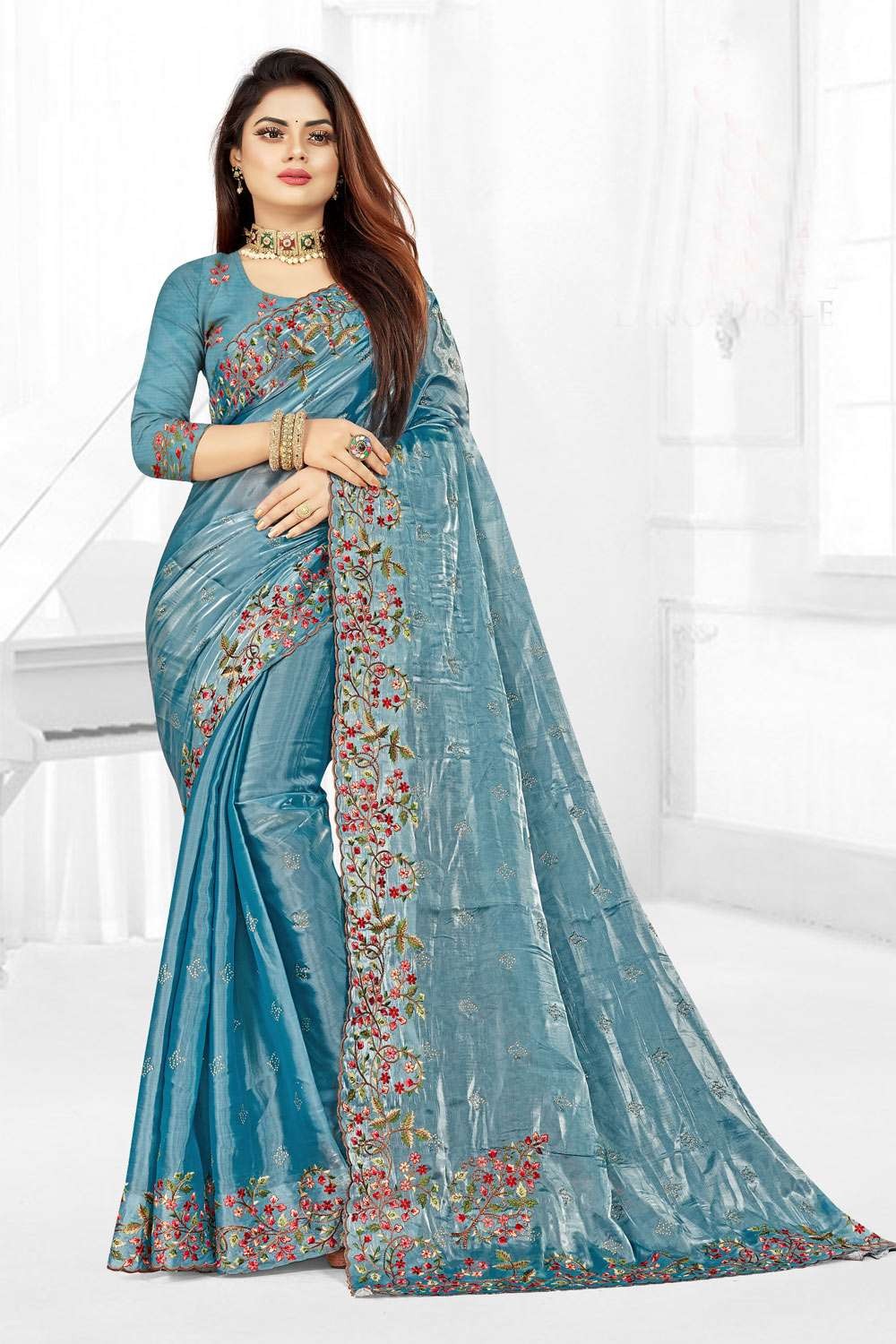 Light Blue Printed Faux Kanjivaram Silk Saree With Blouse - Rajnandini -  2972106