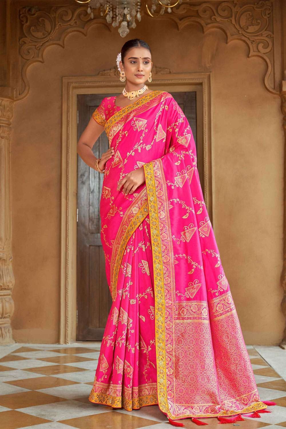 Yellow - Banarasi Silk - Sarees: Buy Latest Indian Sarees Collection Online  | Utsav Fashion