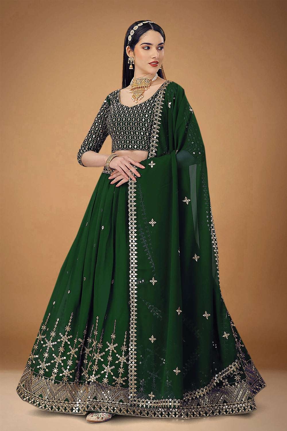 Green Crepe Embroidered Wedding Lehenga Choli with Dupatta - LC4685