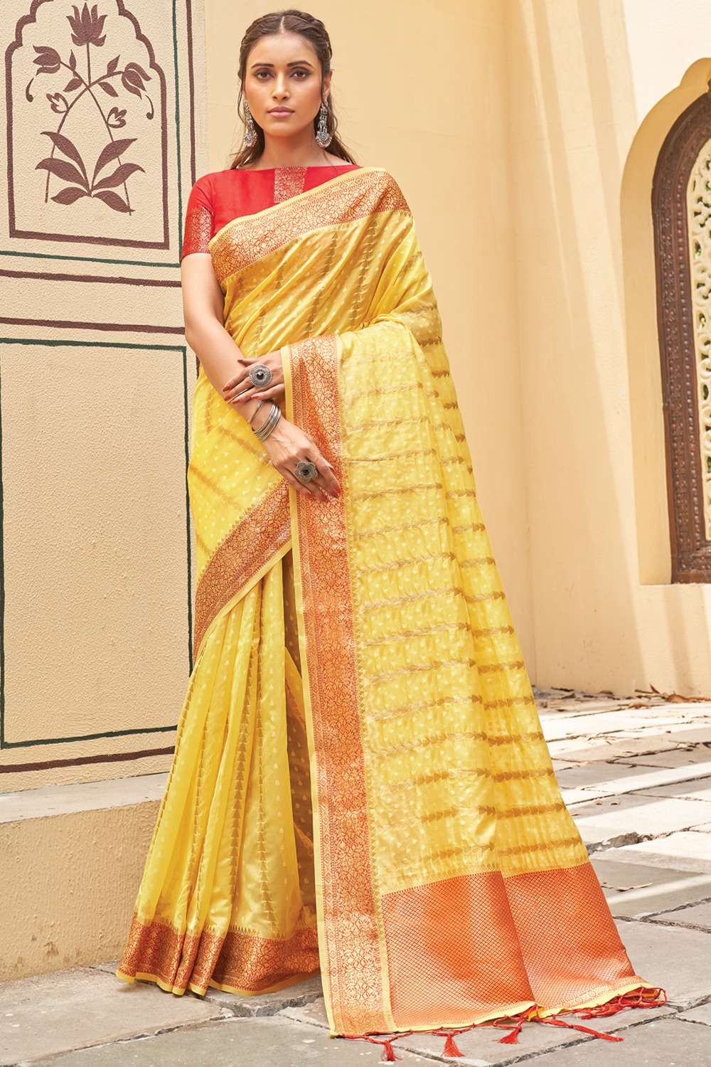 Yellow Organza Saree In Woven Strippes 5006SR06