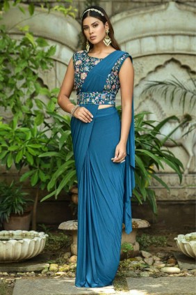 Shop Black N Teal Blue Color Printed Work Lycra Saree Party Wear Online at  Best Price