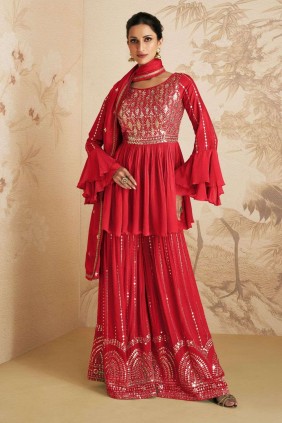 Fancy Fabric Embroidered Red Designer Palazzo Salwar Suit save upto 50%! :  61891 