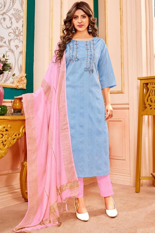Stitched Handloom Cotton Woven Pant Style Suit In Turquoise Blue Colour -  SS5412233