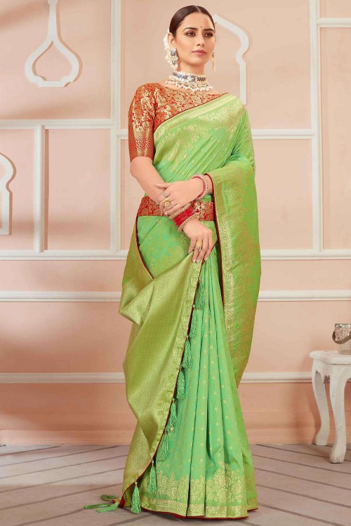 Buy Pista Green Banarasi Saree With Weaved Floral Pattern Online - Kalki  Fashion