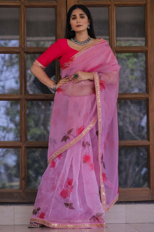 Organza Saree in Pink Color With Resam Embroidery Work and Blouse in USA,  UK, Malaysia, South Africa, Dubai, Singapore