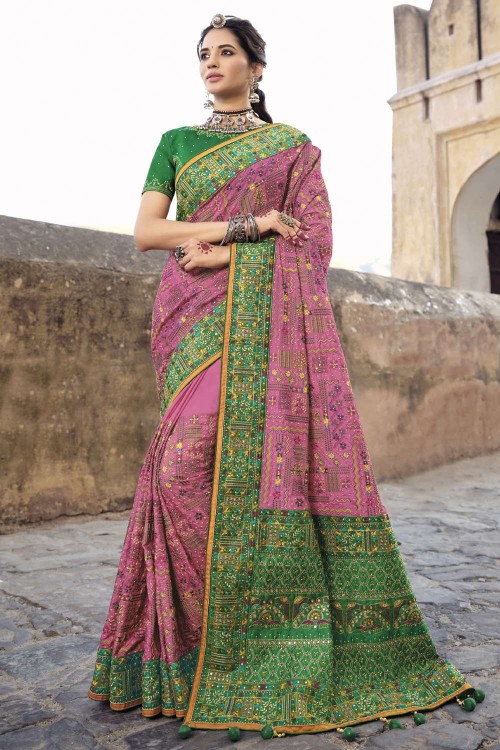 Saree | Buy Lime Green And Pink Traditional Embroidered Banarasi Silk Saree