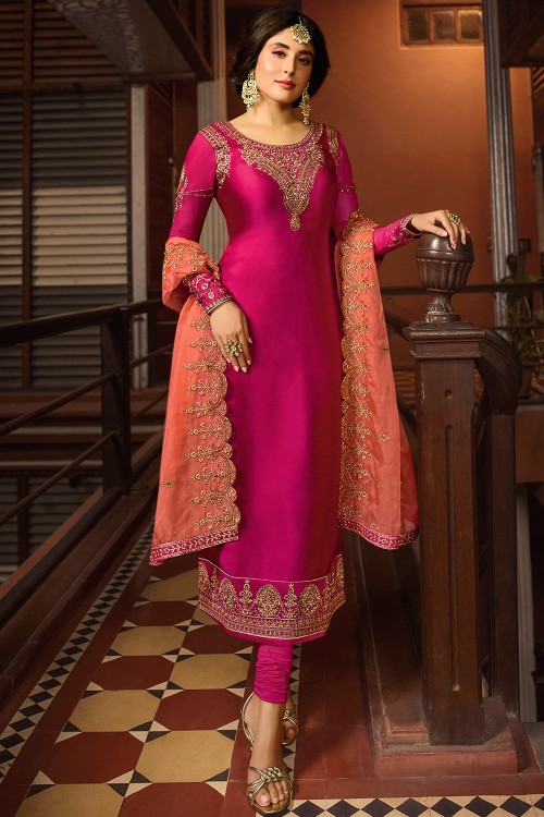 Rani Pink and Light Green Cotton and Chanderi Churidar Suit Combo UK -  CS4376
