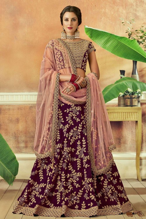 Net Wedding Lehenga Choli in Wine with Embroidered - LC6492