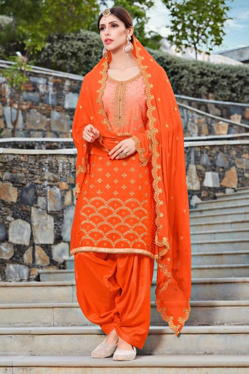 Coral Pink Banarasi Silk Woven Dupatta with Golden Highlights -...
