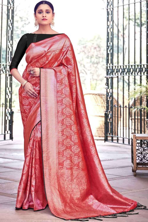 Black-Red Pure Katan Silk Banarasi Kadiyal Handloom Saree - Tilfi