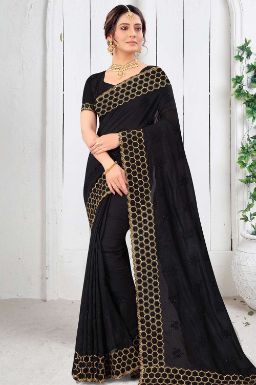 Buy Black Swarovski Semi Crepe Saree - Koskii