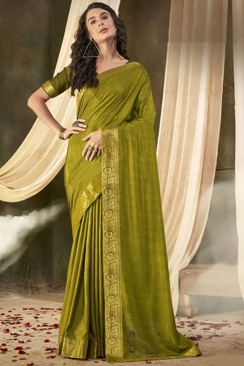 fcity.in - Designer Mehndi Colour Vichitra Silk Plain Saree With Blouse For