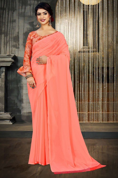 Swtantra Pink & Peach Chiffon Ombre Pattern Saree