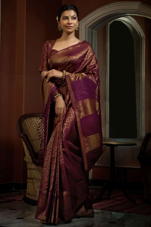 Buy Attractive Wine Zari Weaving Silk Event Wear Saree With Blouse From  Zeel Clothing.