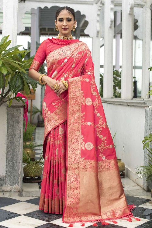 Pink Kataan Silk Banarasi Saree with Handembroidery – kreationbykj