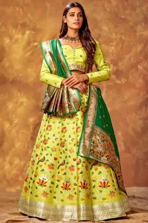 Mint Green & Yellow Lehenga Choli with Mirror Work – Roop Sari Palace