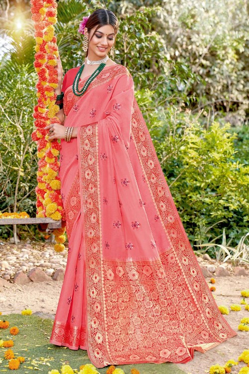 Amazing Embroidered Pink Party Wear Chiffon Silk Fabric Saree