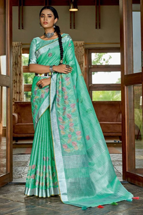 Bottle Green Color Linen Banarasi Handwoven Saree in Patola deisgn with  Sliver Zari Weaving | Blouse piece, Zari, Color