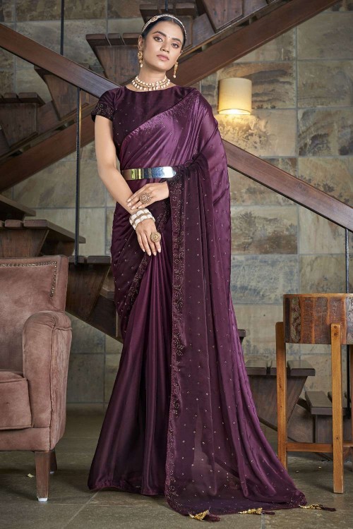 Dark Purple Silk Saree with butta work