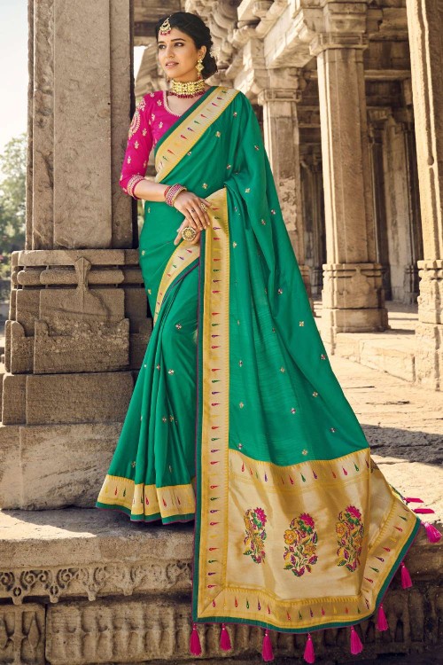 Buy Banarasi Silk Designer Saree In Sea Green Online -